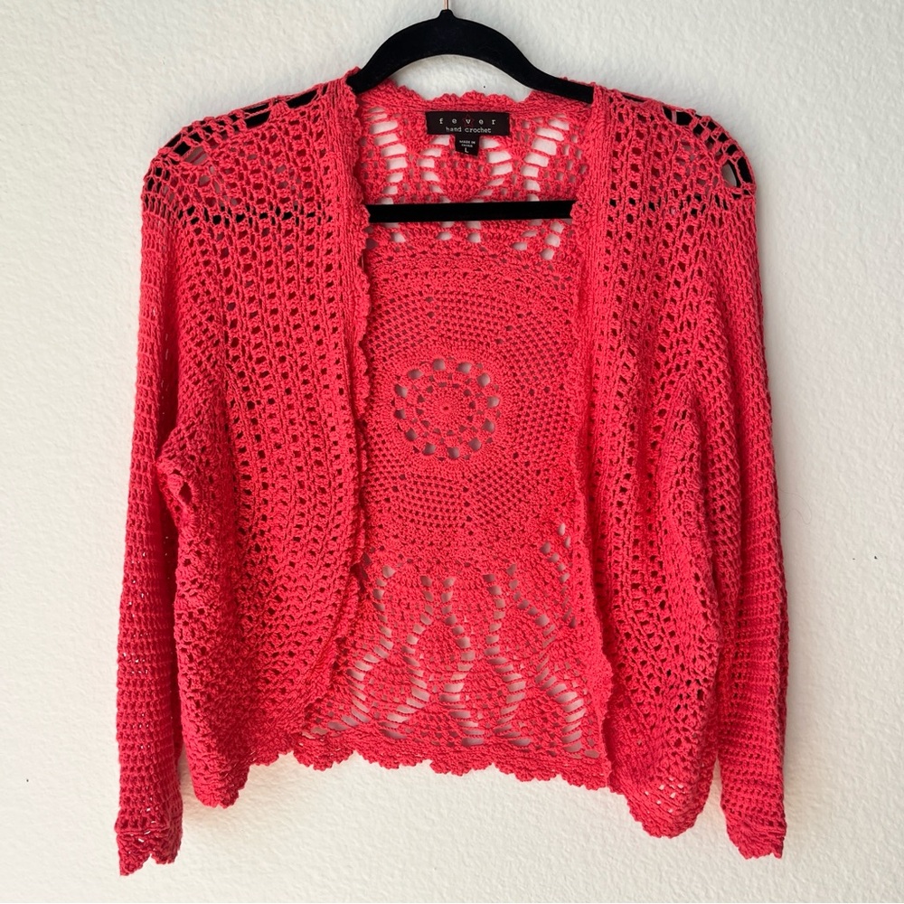 Fever Coral Hand Crochet Cardigan Size L‎ Boho Festival Beach Spring Summer